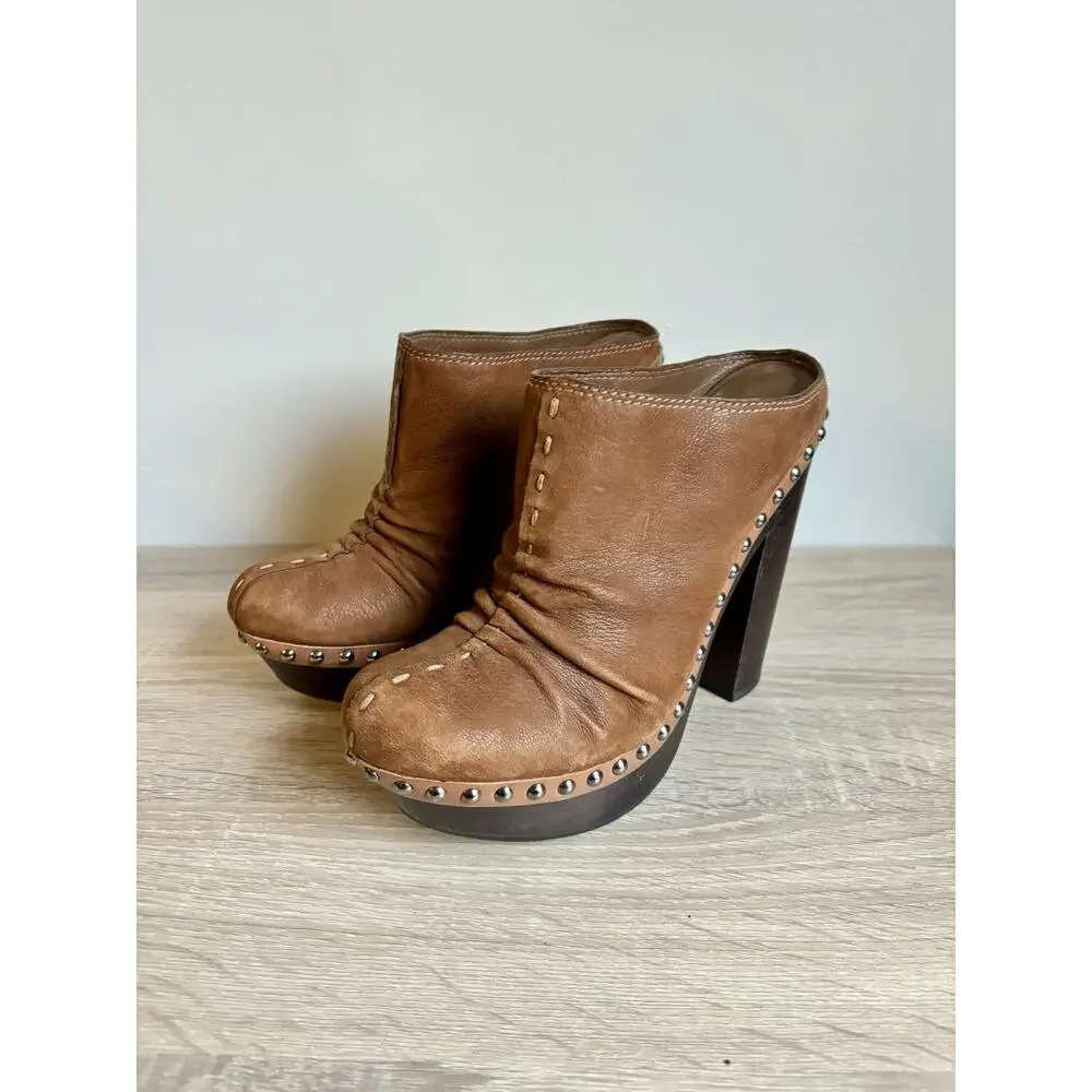 Miu Miu Brown Leather Cottage Studded Heeled Mules EU Size 37 / US 7